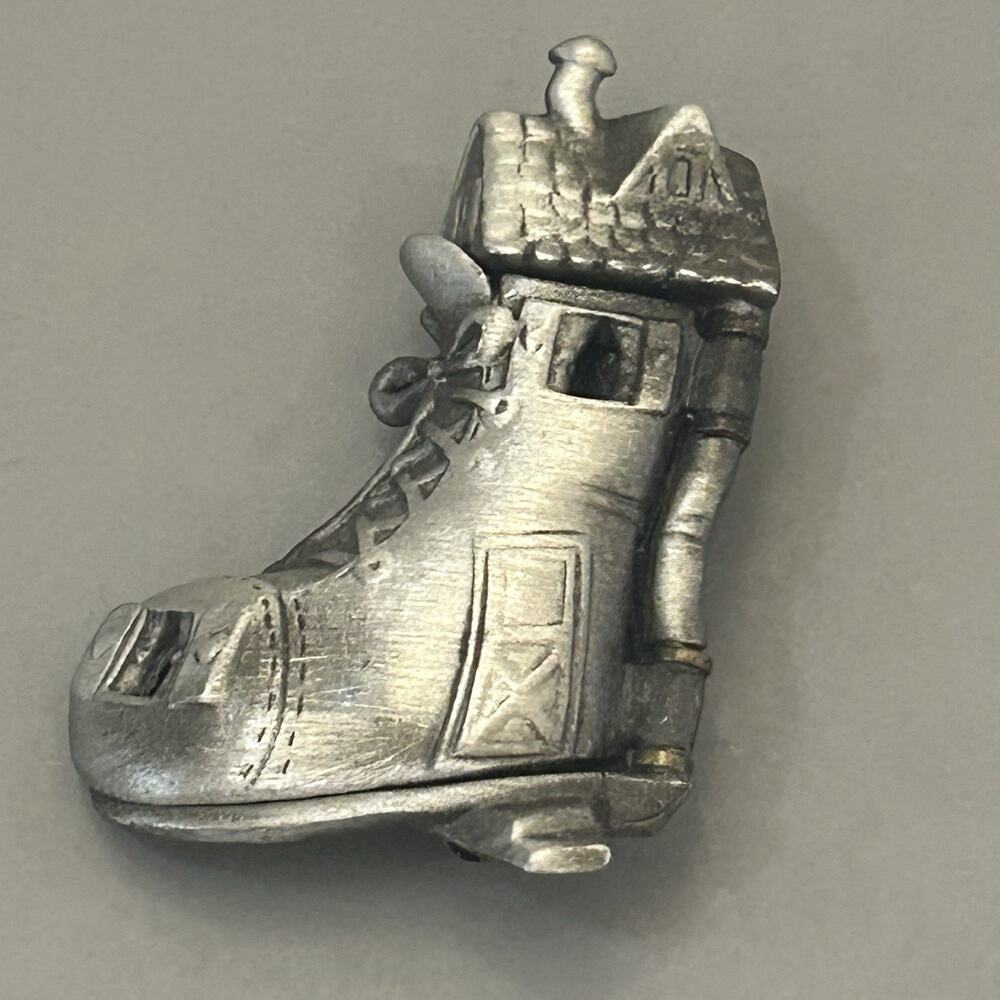 AJC Old Mother Hubbard Shoe Brooch Hinged Front Opens Nursery Rhyme Silver Tone
